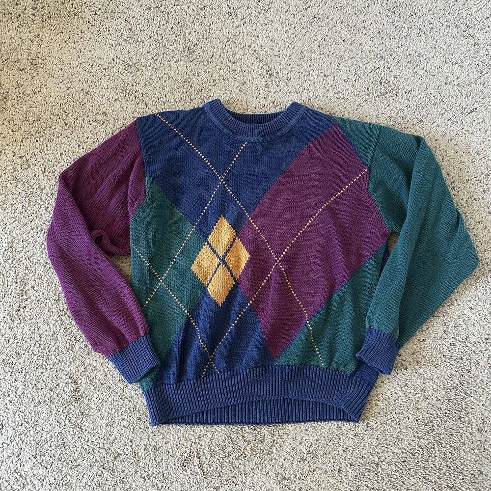 American Weekend Men's XL Multicolor Argyle Knit Crewneck Pullover Sweater